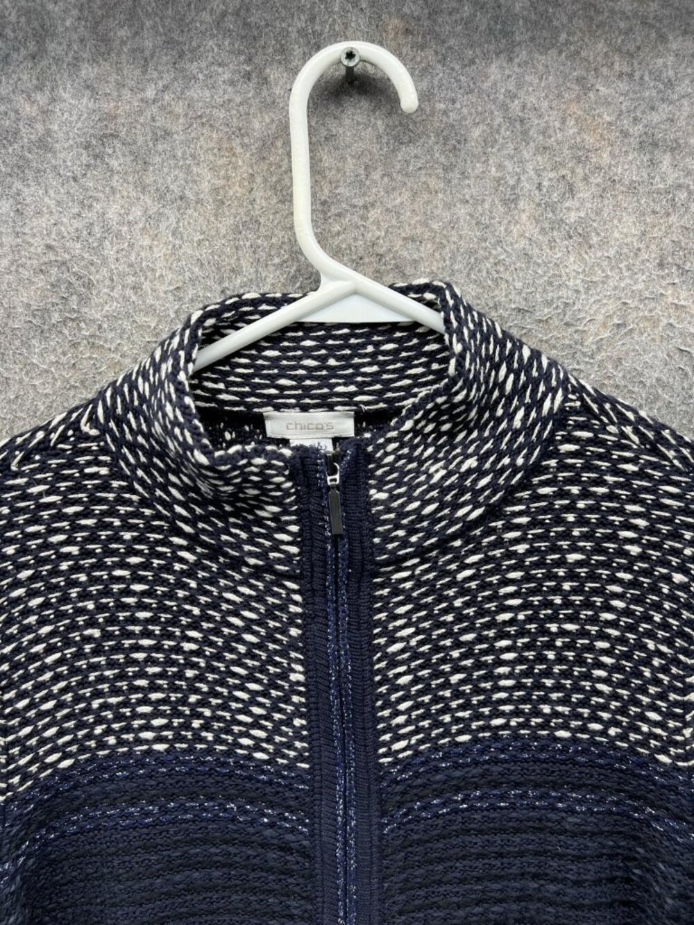 Chico's Sweater Womens 1 Blue Mock Neck Full Zip Striped Knit Long Sleeve - Picture 7 of 10